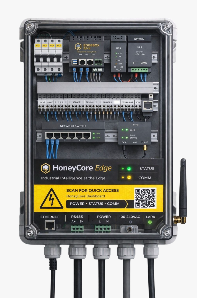 HoneyCore Edge enclosure showing the controller, network connections and field terminals